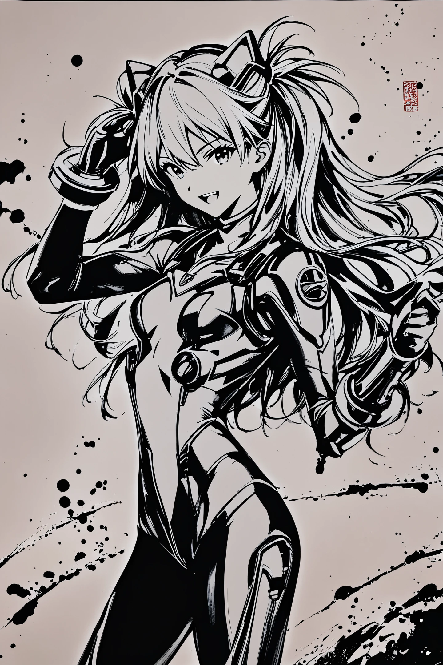 score_9,score_8_up,score_7_up,masterpiece,best quality,
monochrome,greyscale,ink \(medium\),1girl,long hair,plugsuit,bodysuit,souryuu asuka langley,pilot suit,bracer,smile,open mouth,bangs,turtleneck,solo,cowboy shot,:d,gloves,looking at viewer,headgear,two side up,adjusting hair,narrow waist,standing,hand up,hair ornament,from side,skin tight,traditional media,Ink background,
<lora:okazu_XL_PONY:1>,