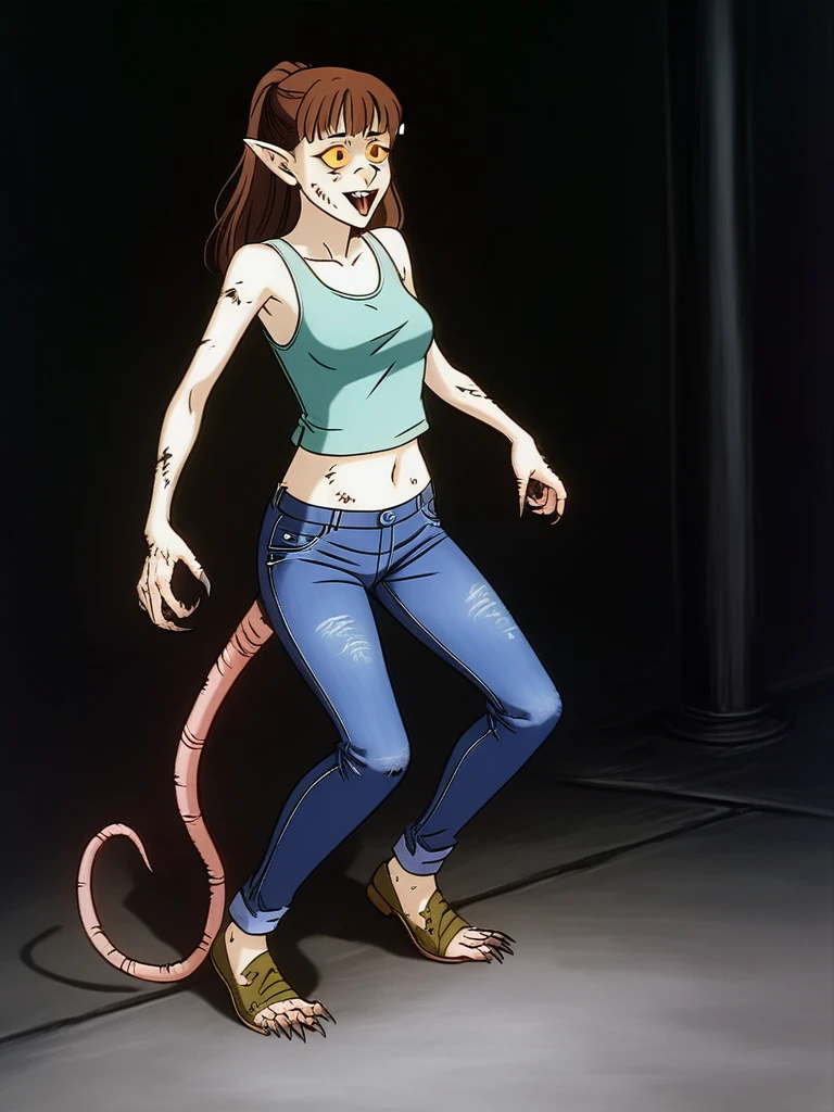 core_9, score_8_up, score_7_up,  high quality, source_anime, 1girl, solo,<lora:100_ratrot_pdxl:1>  sharp toenails, thin, ratrot, sharp dark nails, yellow sclera,wrinkled nose,savage, tank top, jeans, navel, brunette, long hair, bangs,rat tail, walking hunched over, pointed ears, open mouth, teeth, tongue out , hairy, shoes, shoe burst, mind controlled