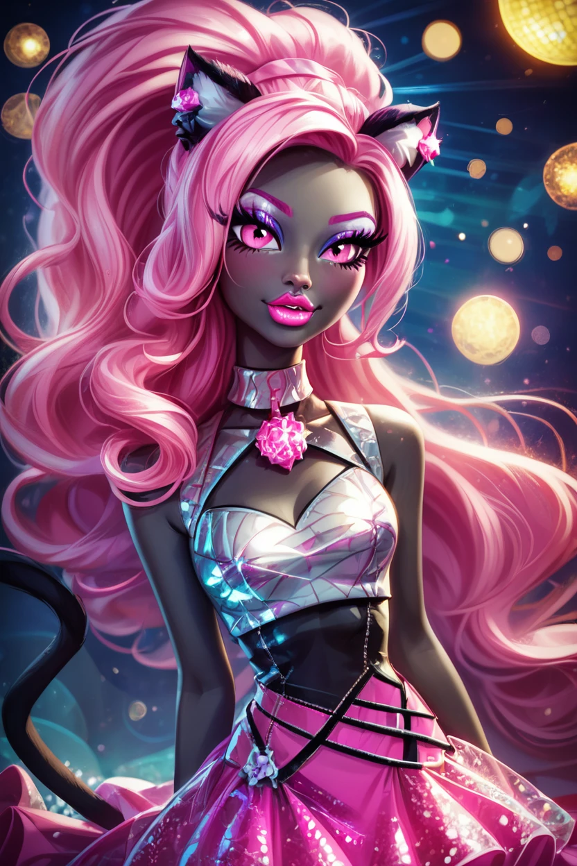 score_9, score_8_up, score_8, medium breasts, (curvy), cute, eyelashes, ,,, , ,,, zzCattyNoir, pink eyes, pink eyeshadow, long hair, pink hair, ponytail, tail, very long hair, black skin, cat ears, cat tail, makeup, sleeveless, pink skirt, idol, jewelry, eyeshadow, high heels, lipstick, <lora:CattyNoir_MH_PDXL:1.0>, ,,,, BREAK, (ultra realistic,32k, masterpiece:1.2),(high detailed skin:1.1),( high quality:1.1), head tilt, lips, closed mouth, shiny clothes, (upper body), looking at viewer, bokeh, luminescent background, ,,, embedding:zPDXL, Expressiveh, ,,, <lora:RlAnmPDXL:1.0>,
