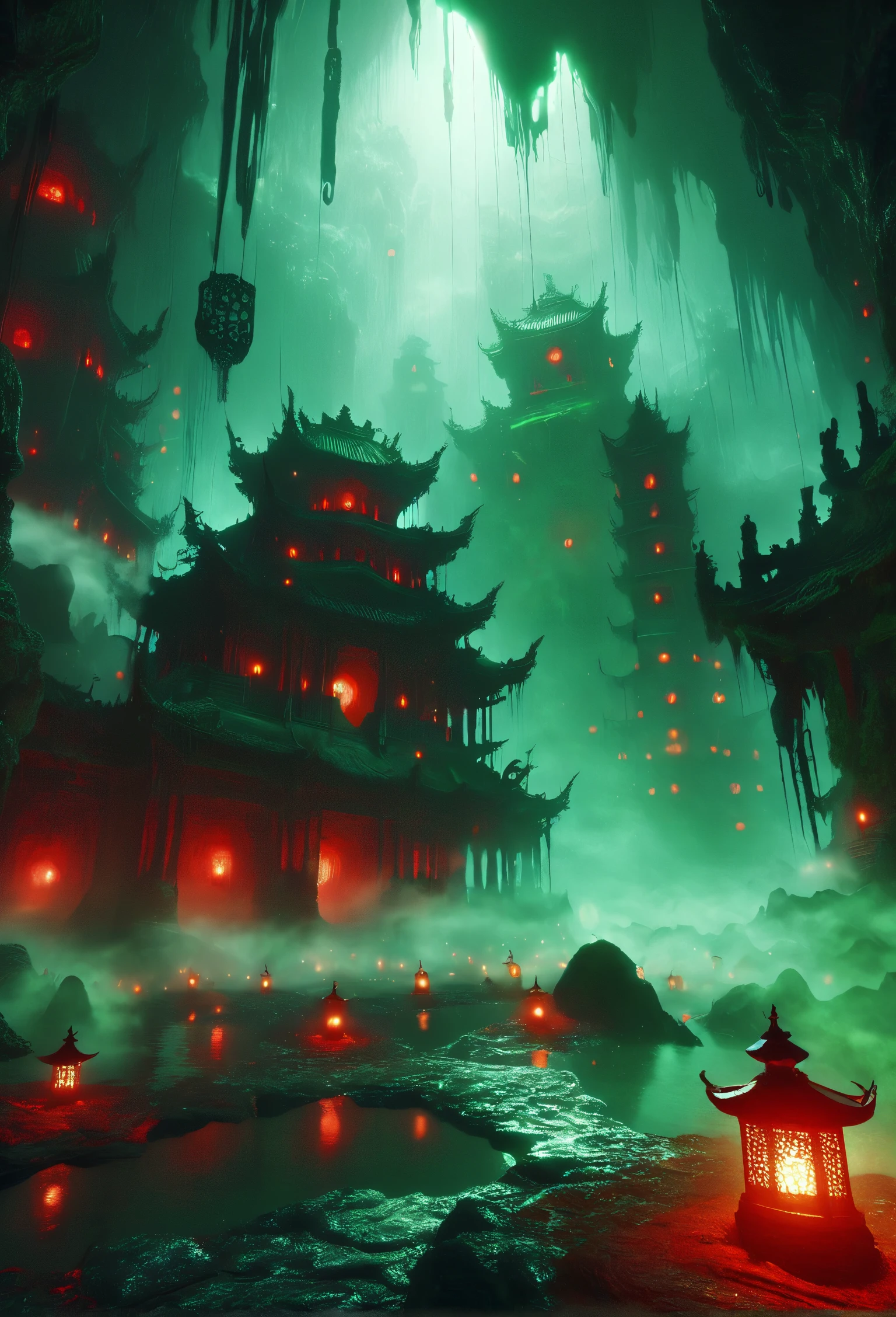 abyssmerald, dark, haunting, green fog, cave, ruins, red lantern, background fantasy, ancient background, masterpiece, top quality, best quality, official art, cinematic lightings, photorealistic.