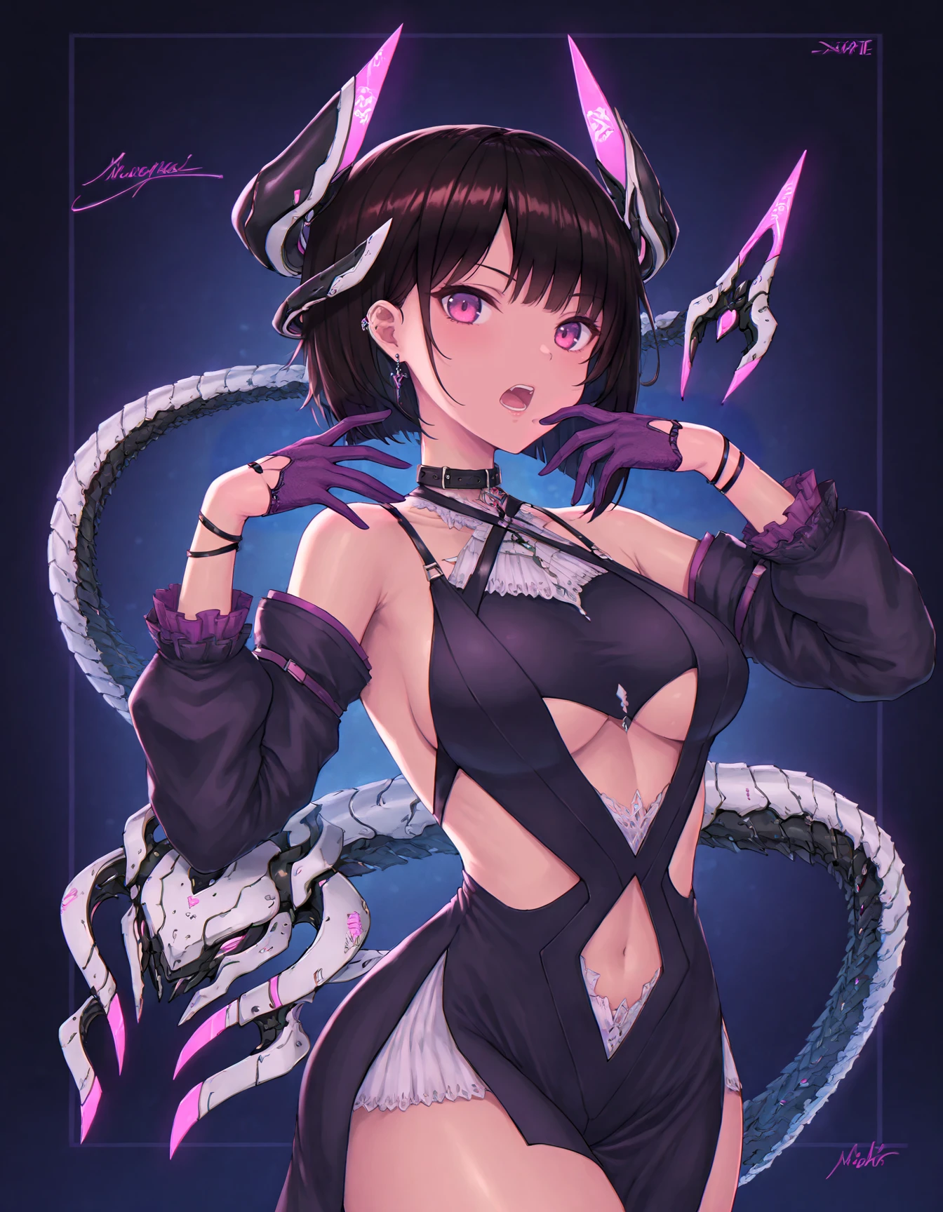 1girl, gloves, breasts, half gloves, solo, tail, horns, short hair, open mouth, detached sleeves, purple gloves, looking at viewer, mechanical tail, black hair, jewelry, medium breasts, earrings, navel, teeth, dress, headgear, navel cutout, signature, bare shoulders, cowboy shot, purple eyes, brown hair, collar, clothing cutout, pink eyes <lora:cyberpunk:0.8>