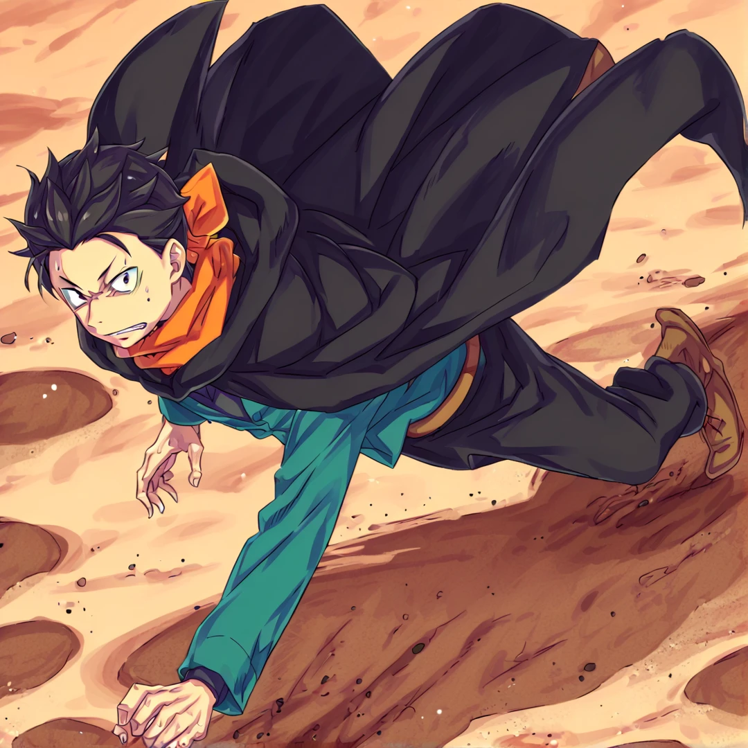 <lora:Natsuki Subaru:1>, subaru(arc6), wears a orange scarf, black trousers, lighter brown boots with black lacing, a black shirt, a light brown buttoned blazer, a brown belt, an open green jacket, long black hooded cloak, solo, in a desert, blue and red sand, blue and red sky, walking, looking at viewer, full body