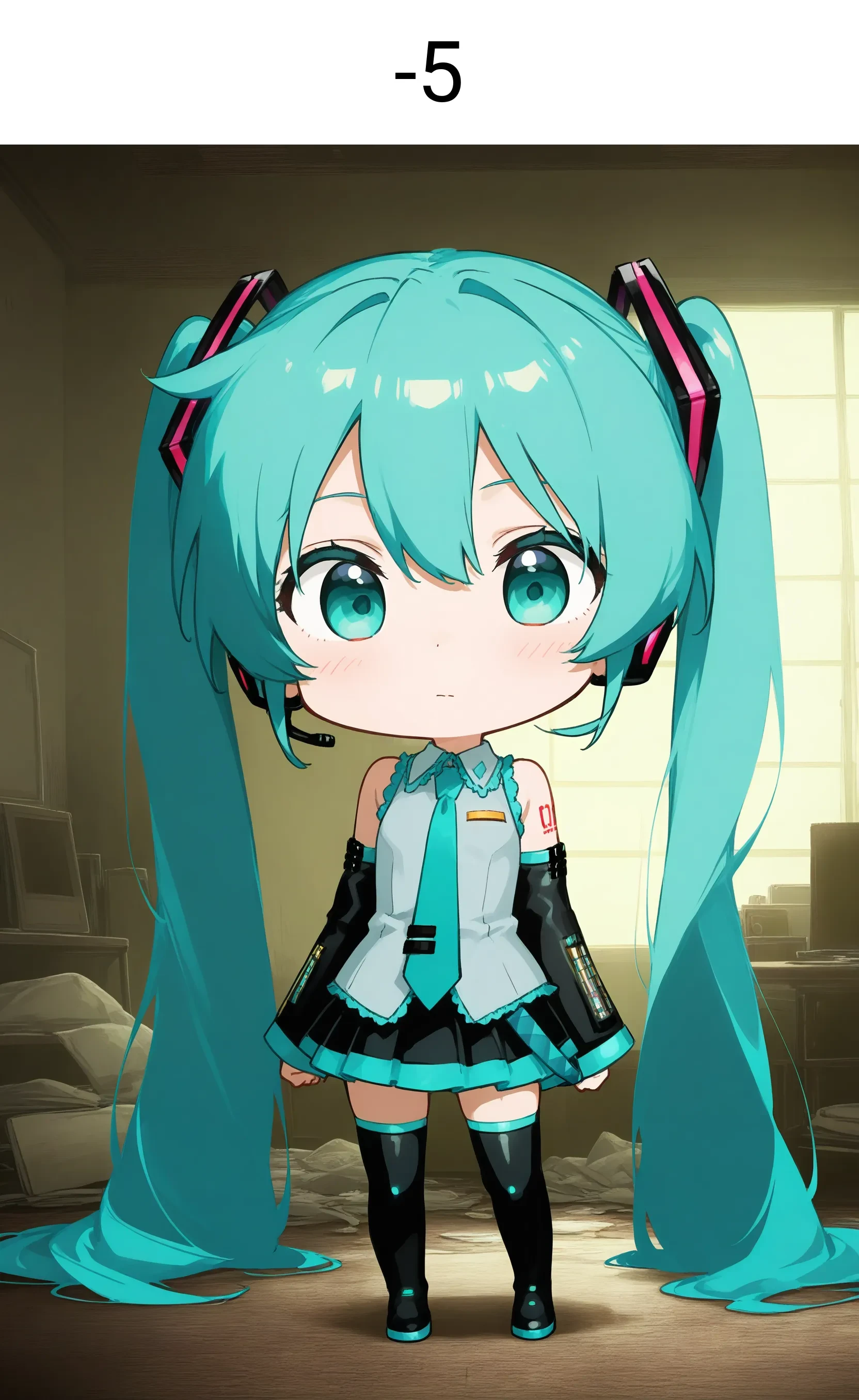 1girl, solo, chibi, hatsune miku, (vocaloid:0.8), aqua hair, aqua eyes, official costume, general, 
indoors, messy room, 
masterpiece, best quality, absurdres, high resolution, 8k, official art, official style, source_anime, uncensored, anime screencap, anime coloring, newest, (ai-generated:0.6) <lora:LECO-chibi_XL(ill)v10:-5>