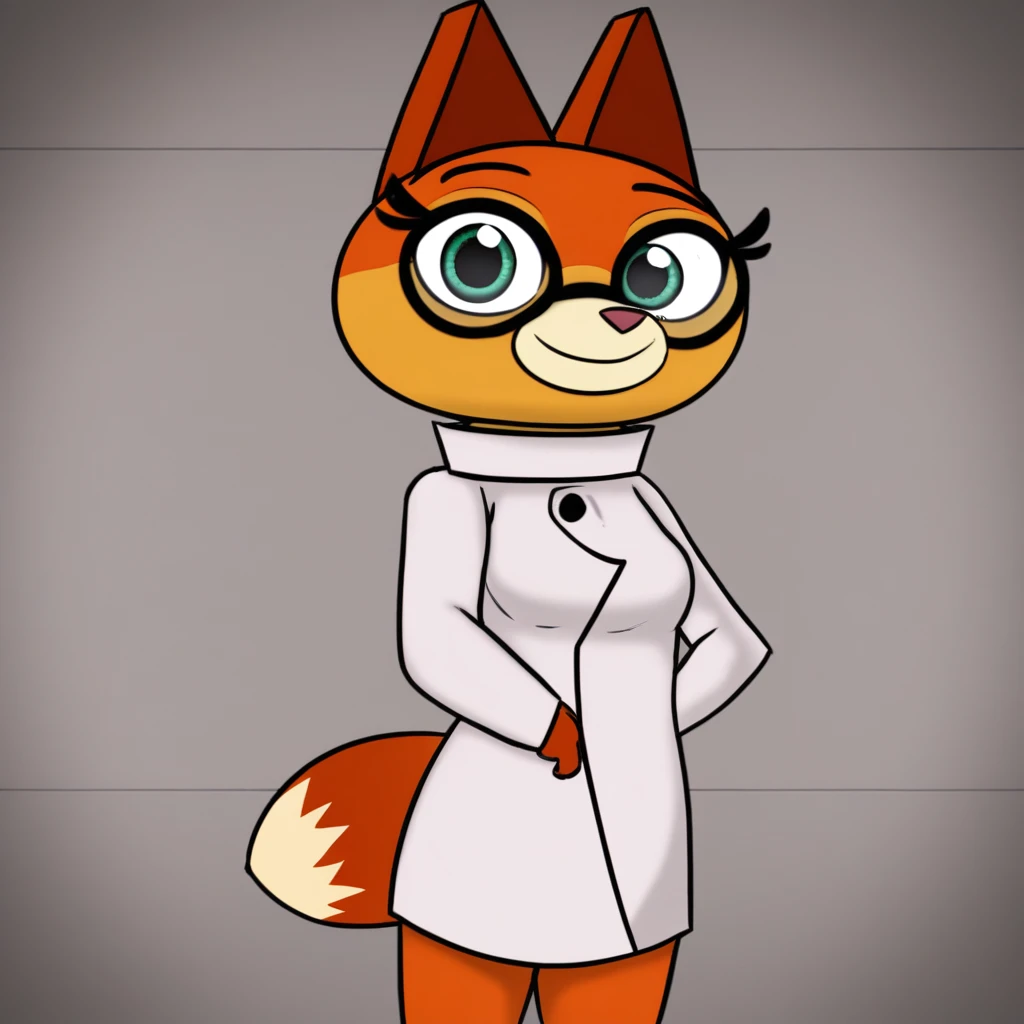 dr fox, standing, smiling, looking at viewer, solo, furry female