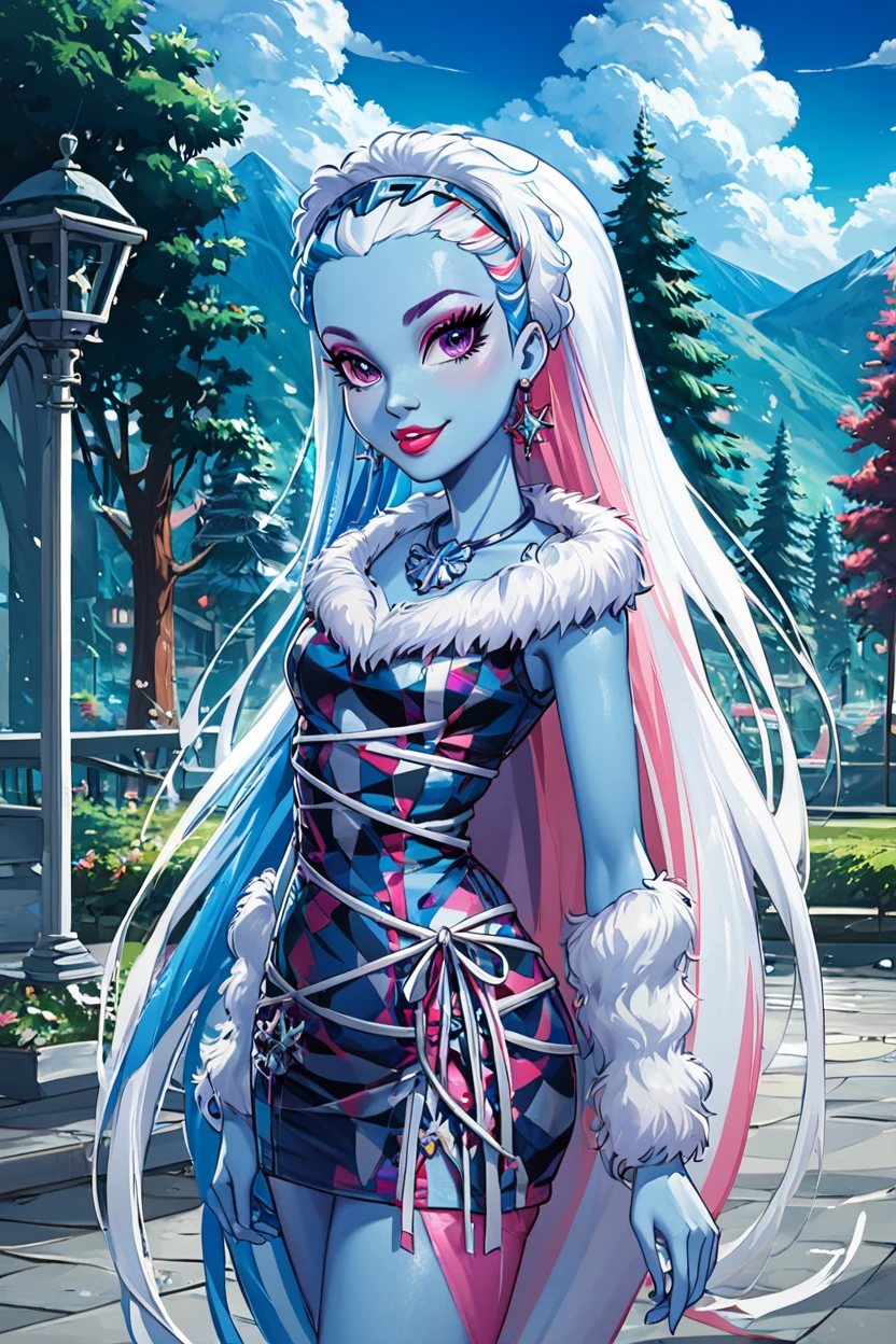 score_9, score_8_up, score_8, medium breasts, (curvy), cute, eyelashes,       ,,, , ,,, zzAbbey, purple eyes, blue hair, hairband, long hair, multicolored hair, pink hair, very long hair, white hair, colored skin, blue skin, makeup, jewelry, dress, earrings, fur trim, bare shoulders, necklace, eyeshadow, lipstick,  <lora:AbbeyBominable_MH_PDXL:0.8>,    ,,,, BREAK, smile, looking at viewer, cowboy shot, ,,, outdoors, sky, day, cloud, tree, blue sky, sunny,  ,,, Expressiveh, ,,, <lora:Alola_Style_PDXL:0.8>, <lora:Expressive_H-000001:0.4>,