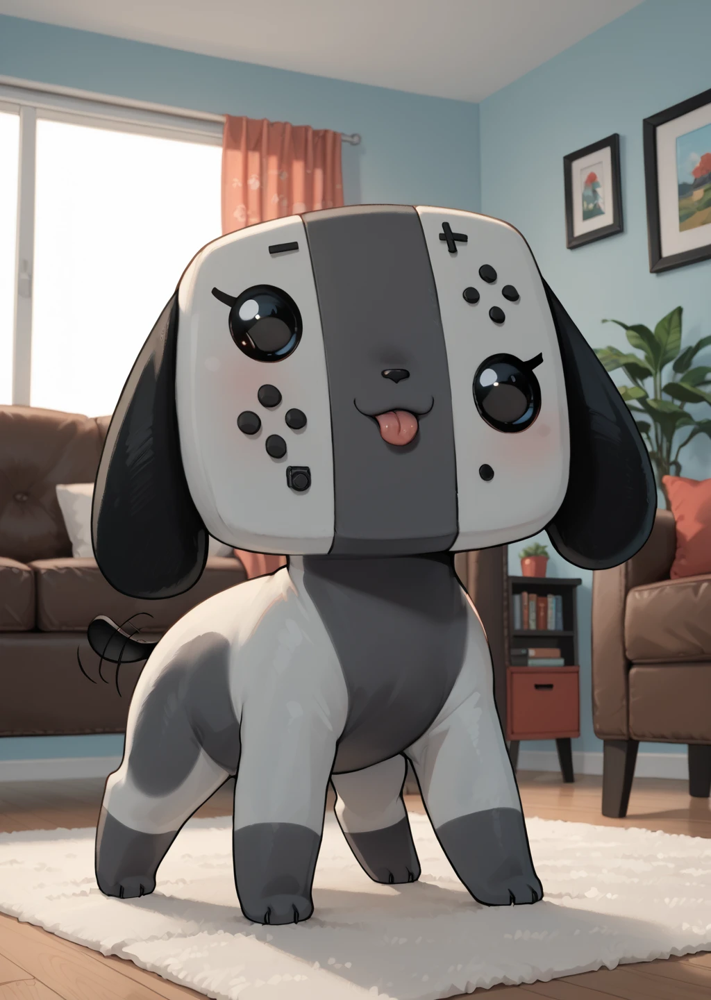 score_9, score_8_up, score_7_up, score_6_up, score_5_up, score_4_up, sfw, stylized, solo, cute female furry switchdog, all fours, playful, wagging tail, tongue out, (modern living room background:1.5), source_furry <lora:Switch_Dog_Pony:1> switchdog, feral, neon_switch