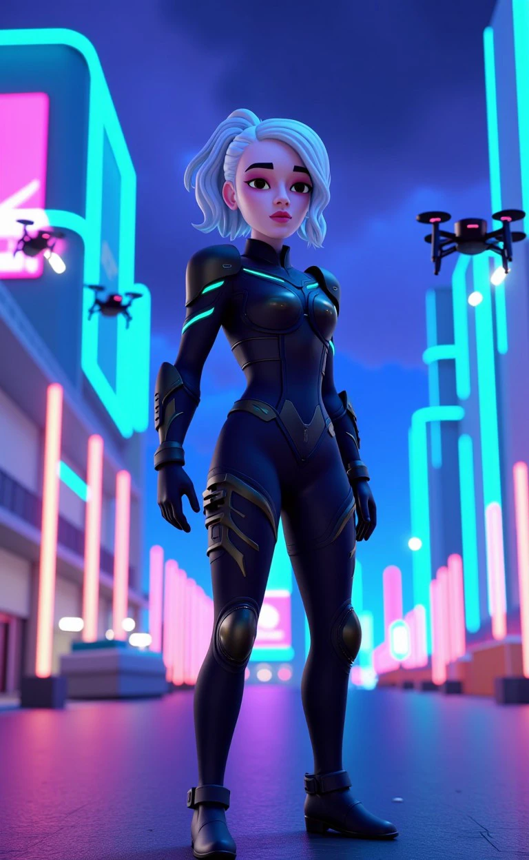 zorename style man <lora:flux_halloween_s12_zombies_re_animated_zorename_style:0.95>, Halloween theme A woman standing alone in a futuristic city, wearing sleek, modern armor, with glowing holograms and flying drones zipping past in the background.