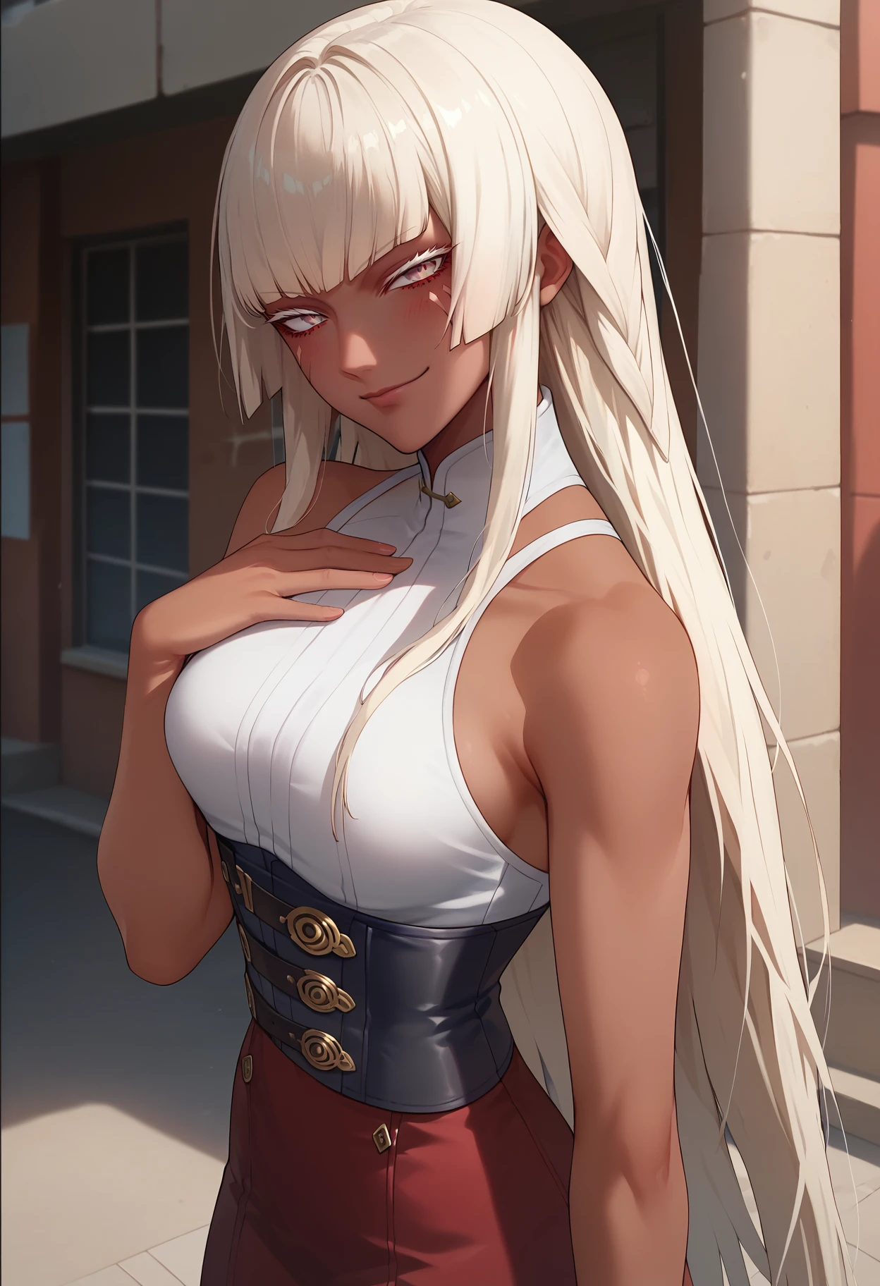 score_9, score_8_up, score_7_up, anime screencap, source_anime, 1girl, solo,
<lora:Brigitta_Metaphor_ReFantazio_V1:.85>, KJObrigitta, white hair, long hair, white eyes, blunt bangs, facial mark, dark-skinned female, 
red skirt, black belt, corset, bare shoulders,
from side, seductive smile, smirk, standing, blush, looking at viewer, head tilt, hand on chest,
daytime, street, sunny, building,
(Beautiful, medium Breasts:1.2),