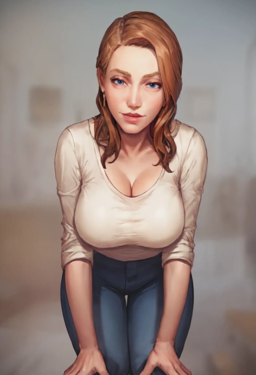 score_9, score_8_up, score_7_up, 1girl, mature_female, large_breasts, portrait, solo, Leaning forward with hands on knees, pov, (Bronze Smock), Golden Brown hair, portrait, rating_safe, <lora:pony\artist_styles\uberpie_pony:1.0>