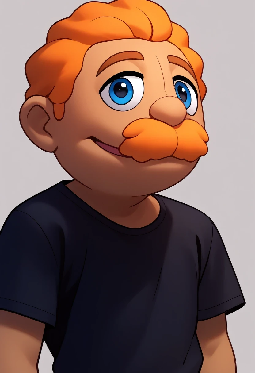 Brooklyn_guy_V2, solo, blue eyes, shirt, 1boy, upper body, male focus, short sleeves, black shirt, orange mustache, orange hair, semi dark skin