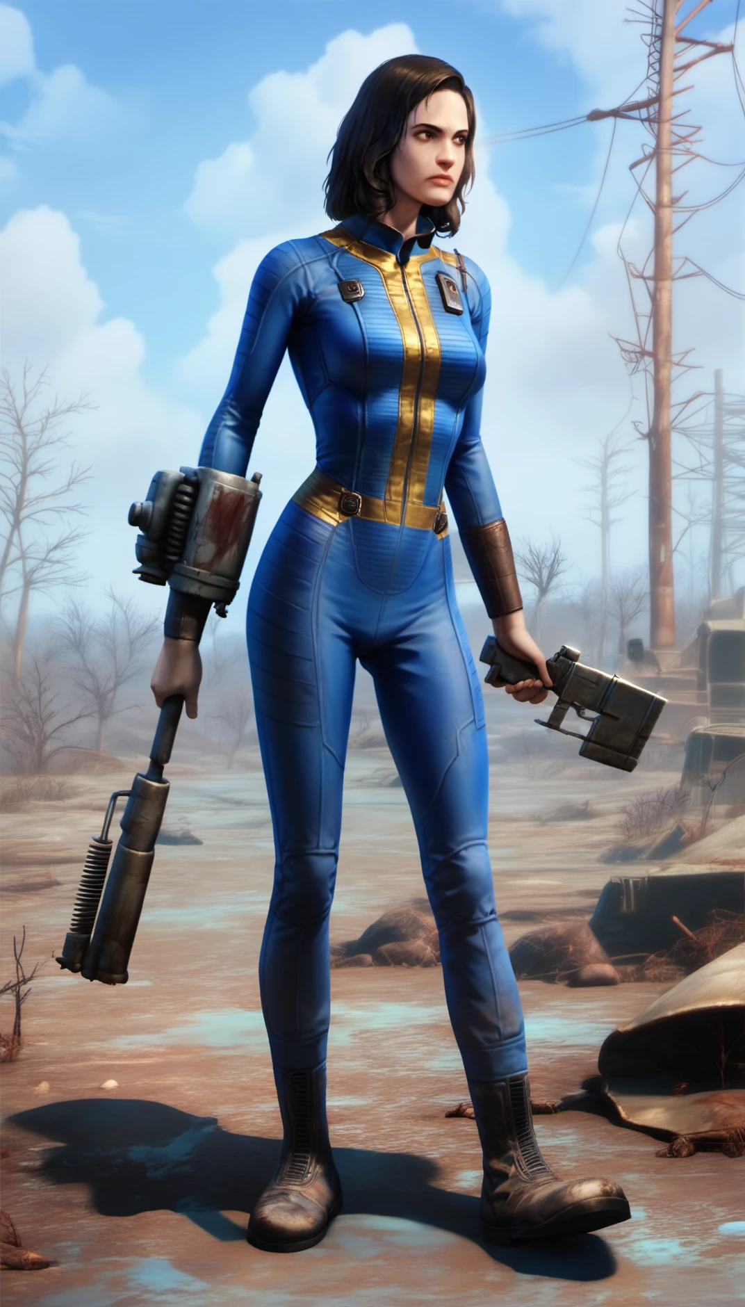 score_9,score_8_up,score_7_up,
<lora:nora:0.9>,fo4nora,
realistic,
1girl,solo,black hair,medium hair,brown eyes,looking to the side,dirty blue jumpsuit,brown bracer,brown boots,full body,standing on a rock,holding a large sci-fi style weapon with both hands,
outdoors,blurry background,post-apocalypse,blue sky,cloud,barren wasteland,wilderness,dry and desolate ground,dead tree,