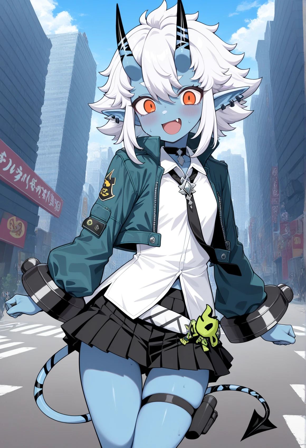 1girl, oni, blue skin, colored skin, skin-covered horns, orange eyes, pointy ears, white hair, short hair, sidelocks, tail, earrings, shackles, choker, white shirt, necktie, brooch, jacket, pleated skirt, thigh holster, outdoors, city, smile, open mouth, fang <lora:soukaku_illustrious:1>, masterpiece, best quality, amazing quality, very aesthetic, absurdres, highres, newest