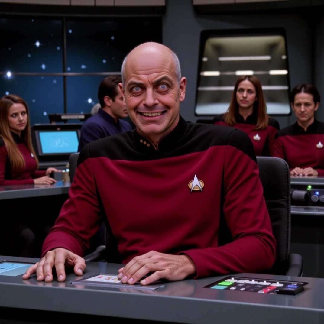 score_9, score_8_up, score_7_up, score_6_up
soft lighting, Patrick Stewart in a red TNG uniform is sitting behind a sleek, futuristic desk on a starship's bridge. The desk in front of him is adorned with various high-tech displays and control panels, softly glowing with blue and green lights. Behind him, the starship's bridge is visible, with large viewports showcasing the endless expanse of space dotted with distant stars. Fellow crew members in the background are busy at their stations. Constricted pupils, evil grin,
<lora:perfection style v1:1> <lora:TNG_FLUX:1> TNG jacket <lora:gesugao.FLUX:1> gesugao <lora:lora:1> realism