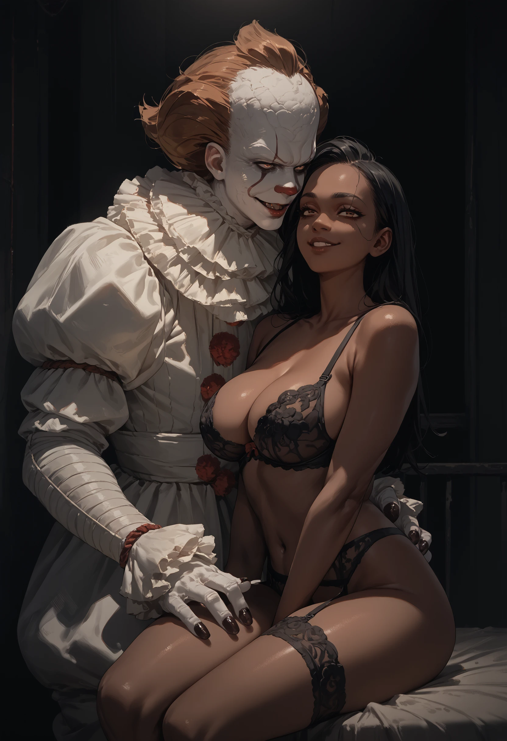 score_9, score_8_up, score_7_up, score_6_up, 1boy, monster, dark room, white costume,
1girl, black hair, 
, dark-skinned female, black lingerie,  smile, 
<lora:pennywise_v0.6-pony:1>
<lora:dark_v1.9-pony:1>