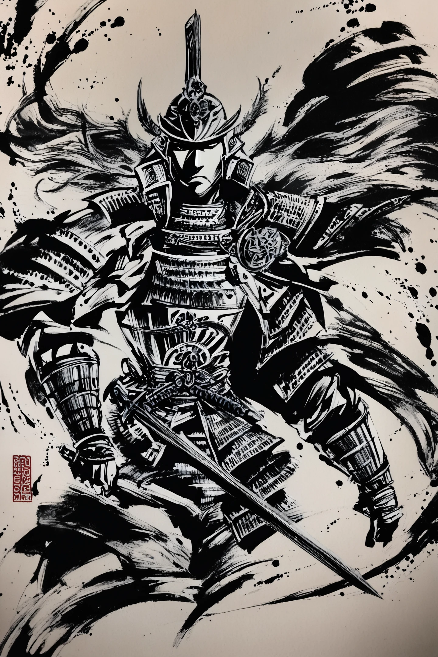 score_9,score_8_up,score_7_up,masterpiece,best quality,
armor,helmet,samurai,weapon,japanese armor,solo,1boy,monochrome,sword,male focus,shoulder armor,full armor,holding,kabuto \(helmet\),holding weapon,greyscale,holding sword,traditional media,ink \(medium\),
<lora:okazu_XL_PONY:1>,