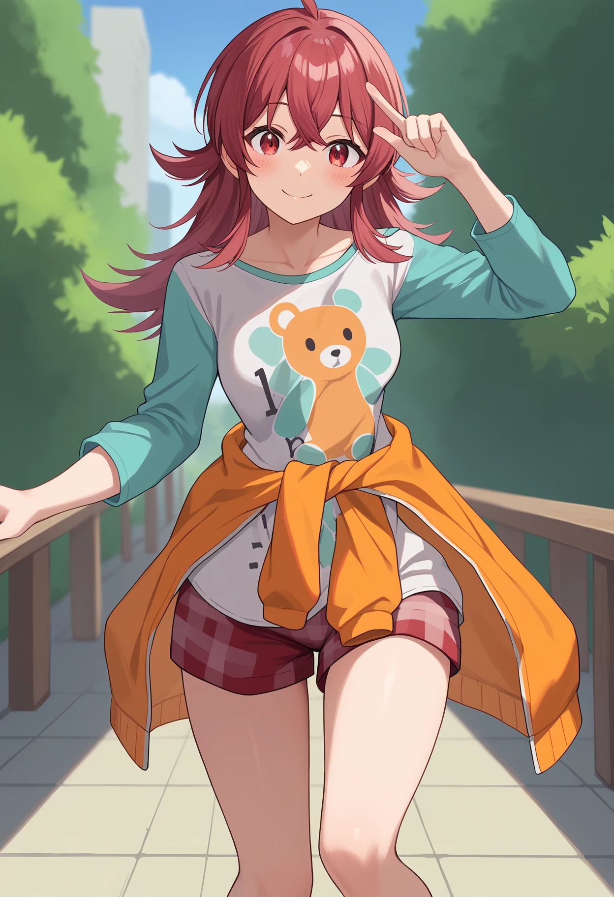 score_9, score_8_up, score_7_up, source_anime,
BREAK
1girl, solo, 
<lora:shiKomiyaKahoV1:1>,
shikomiyaprocasual, long hair, red hair, red eyes, hair between eyes, ahoge, 
medium breasts, collarbone, 
print shirt, bear print, raglan sleeves, long sleeves, 
orange jacket, shirt around waist, jacket around waist, 
plaid, red shorts, 
thighs, 
looking at viewer, smile, knees together feet apart, blush,