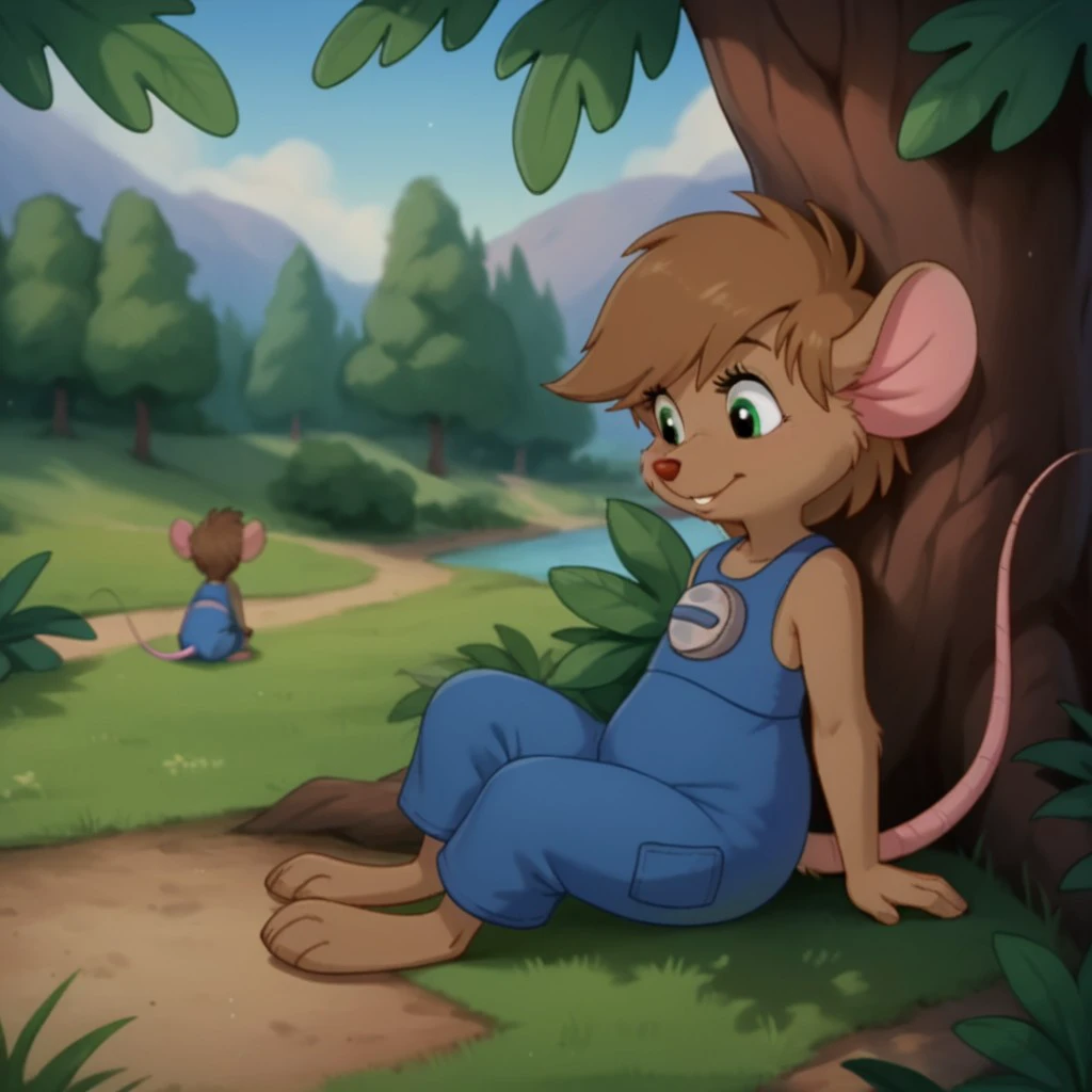 score_9, score_8_up, score_7_up, score_6_up, score_5_up, score_4_up, source_furry, abigailouaf, young anthro, female, mouse, brown fur, overalls, sitting in a tree, <lora:7713d86d-ba72-4d20-a6ca-087f603ce6c3:0.7>