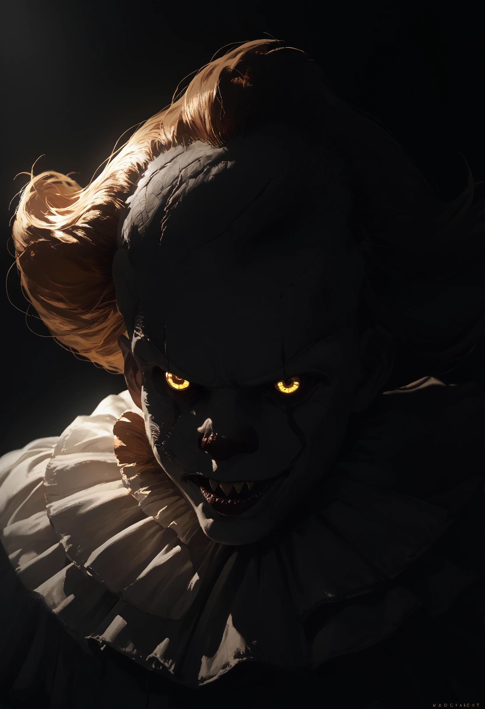 score_9, score_8_up, score_7_up, score_6_up, 1boy, monster, white costume, dark background, solo, portrait, yellow eyes, silhouette, backlighting, 
<lora:pennywise_v0.6-pony:1>
<lora:dark_v1.9-pony:1>