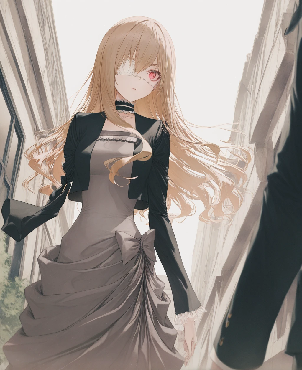 masterpiece,best quality,very aesthetic,absurdres, artist:gomzi,artist:wanke,
1girl, noel cerquetti, red eyes, blonde hair, long hair, medical eyepatch, left arm missing, left eye covered,
black jacket, cropped jacket, grey dress, frilled dress, frilled collar, grey bow,
 <lora:noel_cerquetti.noobaixl:1>