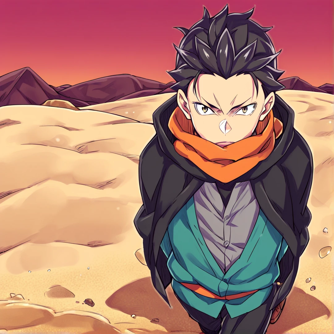 <lora:Natsuki Subaru:1>, subaru(arc6), wears a orange scarf, black trousers, lighter brown boots with black lacing, a black shirt, a light brown buttoned blazer, a brown belt, an open green jacket, long black hooded cloak, solo, in a desert, blue and red sand, blue and red sky, walking, looking at viewer