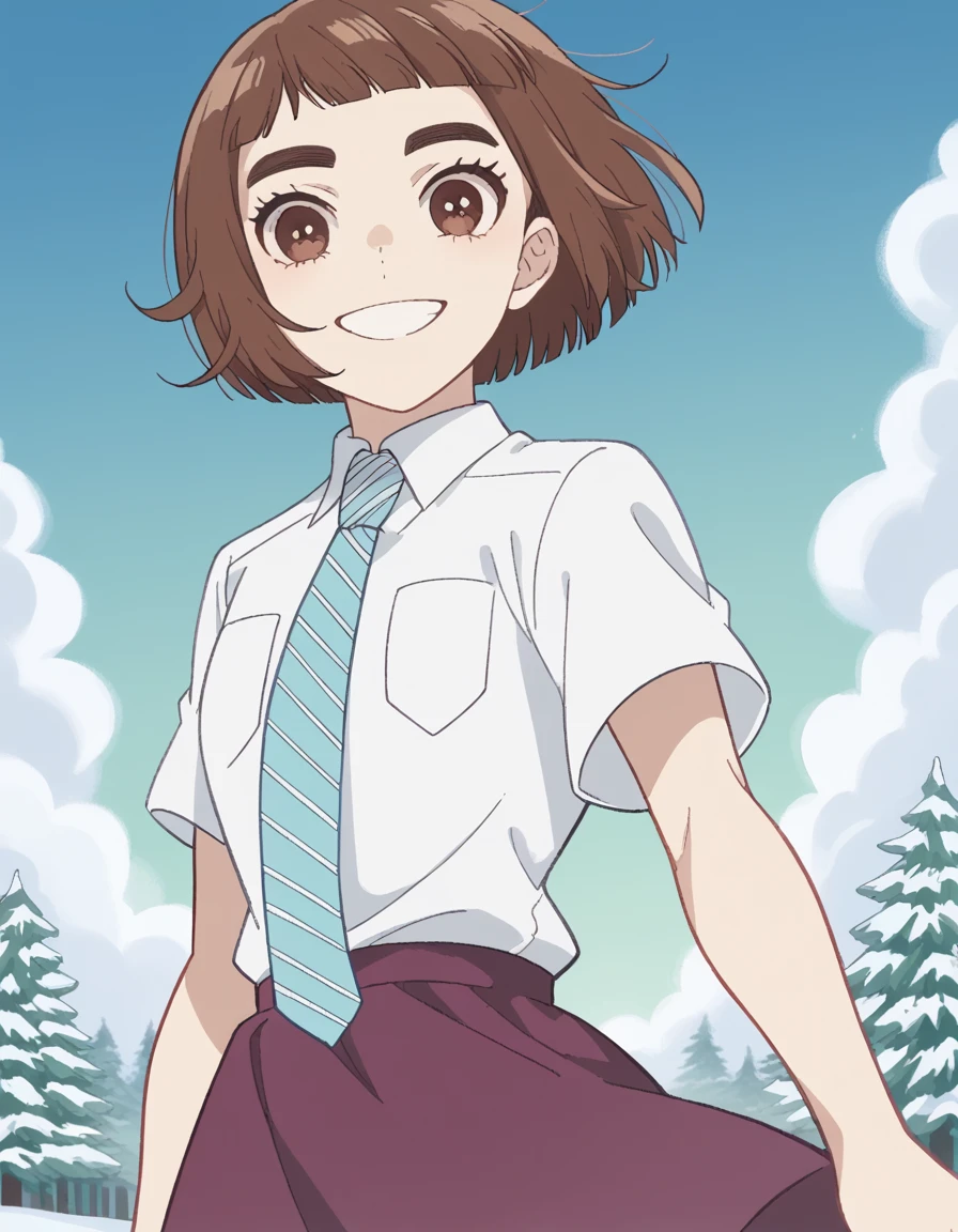 score_9, score_8_up, score_7_up, source_anime, <lora:kazusa-onodera-s1-ponyxl-lora-nochekaiser:1>, kazusa onodera, short hair, bangs, brown hair, brown eyes, blunt bangs, bob cut, thick eyebrows,, skirt, shirt, school uniform, white shirt, short sleeves, necktie, striped, collared shirt, shirt tucked in, striped necktie,, snow day, winter clothes, snowball fight, laughter, cold breath, white landscape, smile, <lora:shaft-look-ponyxl-lora-nochekaiser:1>, shaft look, looking back, from behind, head tilt,, looking at viewer, solo,, dutch angle, cowboy shot