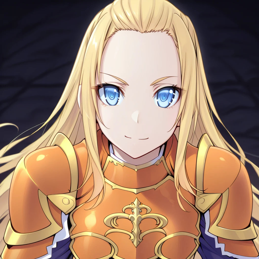 j34nn3d4rc,Jeanne D'Arc,Jeanne D'Arc (high school dxd), 1girl, solo, long hair, looking at viewer, smile, blue eyes, blonde hair, closed mouth, upper body, armor, shoulder armor, forehead, pauldrons, breastplate