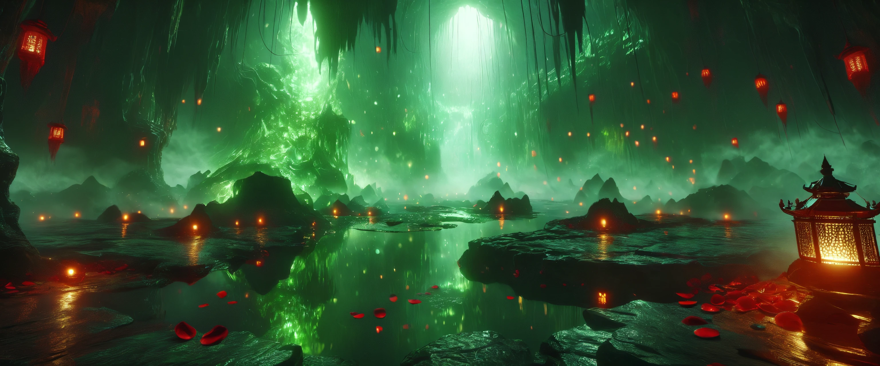 abyssmerald, dark, haunting, green fog, green ghosting flame, rose petals falling, cave, ruins, root, wet floor, water reflection, red lantern, background fantasy, ancient background, masterpiece, top quality, best quality, official art, cinematic lightings, photorealistic.