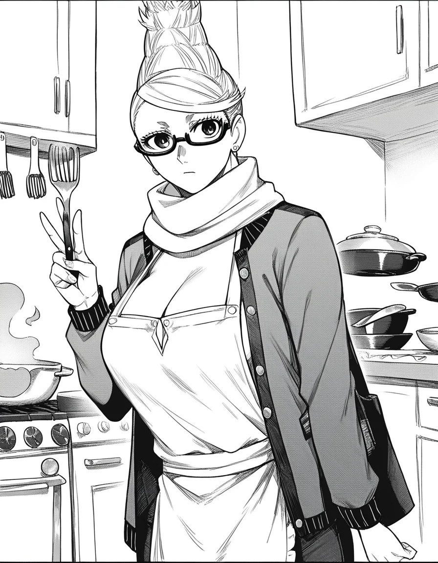 score_9, score_8_up, score_7_up, source_anime, <lora:seiko-ayase-manga-ponyxl-lora-nochekaiser:1>, seiko ayase, long hair, large breasts, monochrome, greyscale, earrings, glasses, hair bun, semi-rimless eyewear, under-rim eyewear,, cleavage, jewelry, jacket, scarf, sweater, long sleeves, center opening,, kitchen, cooking, apron, cutting vegetables, home cooking, , v,, looking at viewer, solo,, dutch angle, cowboy shot