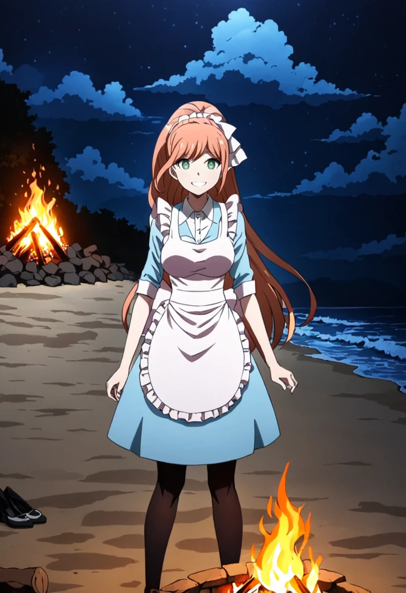 <lora:Chisa_Yukizome_SDXL:1>,  This is an anime screencap from Danganronpa 3. Chisa Yukizome wearing her uniform from Danganronpa 3 Despair arc. She's facing the viewer and smiling. Chisa Yukizome has green eyes and orangish brown hair in a ponytail with a pink scrunchie. Chisa wears a white ruffled apron over a matching set of light blue suit and skirt, button-down white dress shirt, long black pantyhose, and black mid-heel shoes. The setting is Danganronpa S's beach at night. There is a large campfire on a sandy beach with the ocean in the background. The sky is dark blue with clouds and it's' nighttime. The lighting is warm from the campfire but everything else is mostly dark due to the nighttime scene. , masterpiece, best quality, highres, 4k, 8k, intricate detail, cinematic lighting, amazing quality, amazing shading, soft lighting, Detailed Illustration, anime style, wallpaper