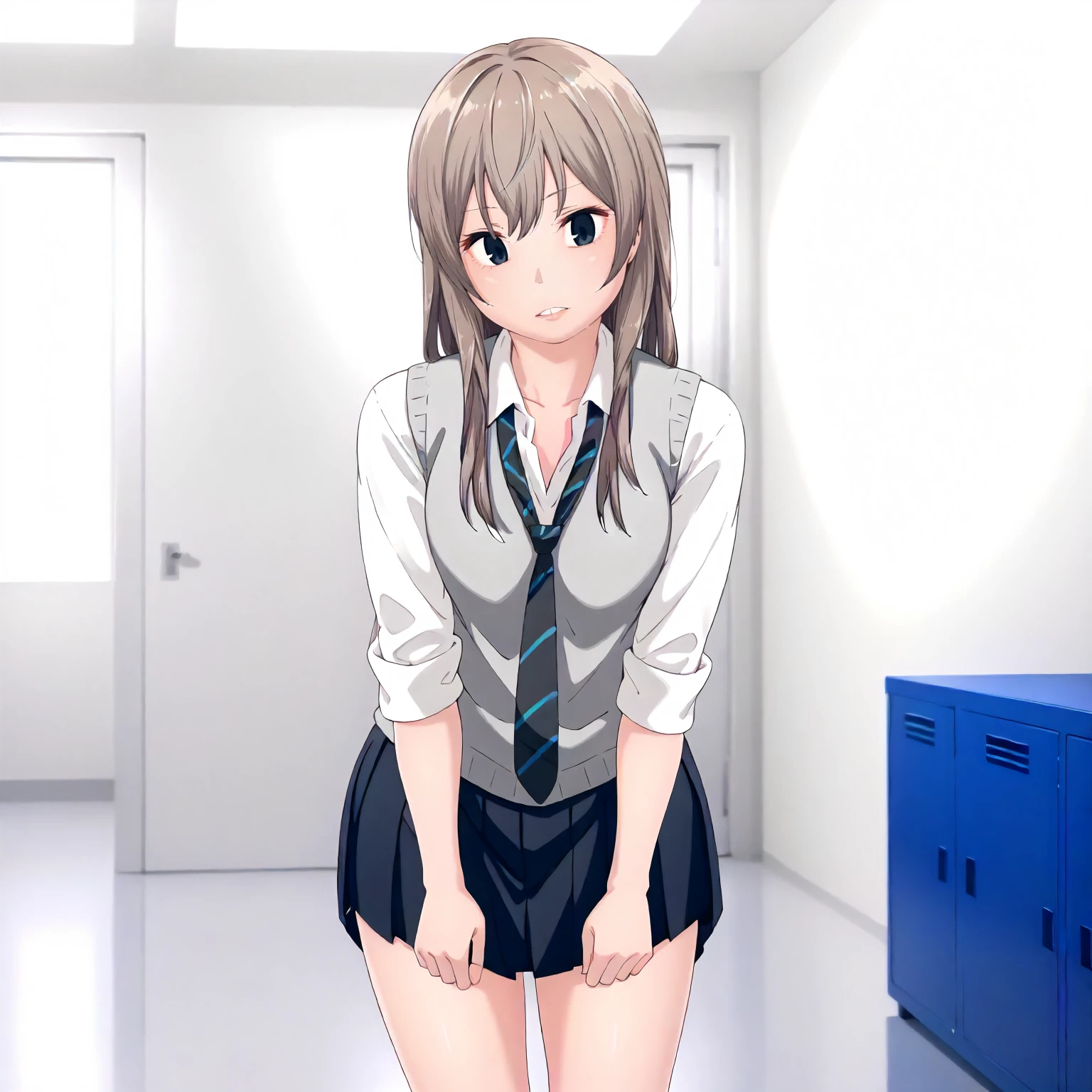 <lora:UnOMdDDMnK_ChiakiXLpony001>,
indoors,
parted lips,
solo,
Chiaki,1girl,light brown hair,long hair,indigo eyes,
school_uniform,loose tie,gray sweater vest,sleeves rolled up,
black skirt,pleated_skirt,miniskirt,
standing,