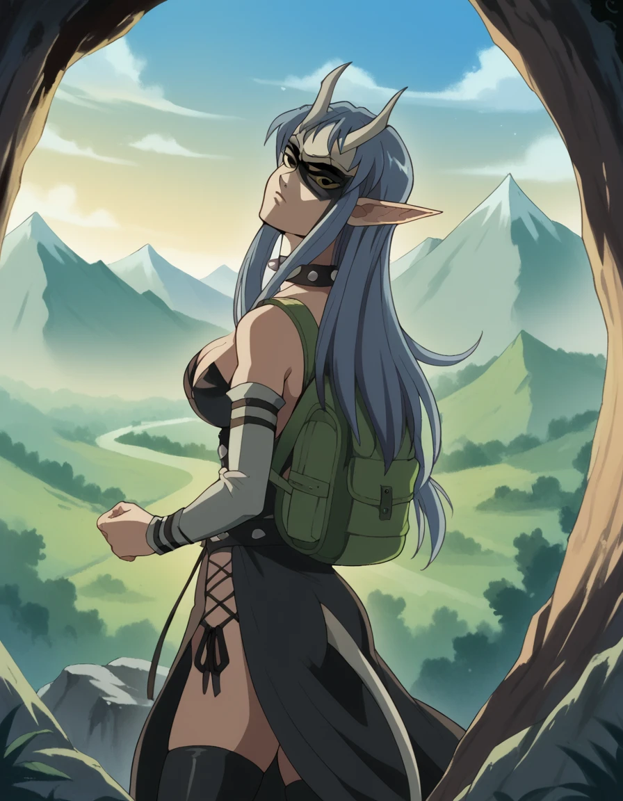 score_9, score_8_up, score_7_up, source_anime, <lora:ragnarok-jiltus-s1-ponyxl-lora-nochekaiser:1>, ragnarok jiltus, long hair, blue hair, horns, pointy ears, mask, black eyes, large breasts, thighhighs, cleavage, collar, spikes, spiked collar, dominatrix,, mountain trail, hiking, nature, backpack, adventure, fresh air, , <lora:shaft-look-ponyxl-lora-nochekaiser:1>, shaft look, looking back, from behind, head tilt,, looking at viewer, solo,, dutch angle, cowboy shot