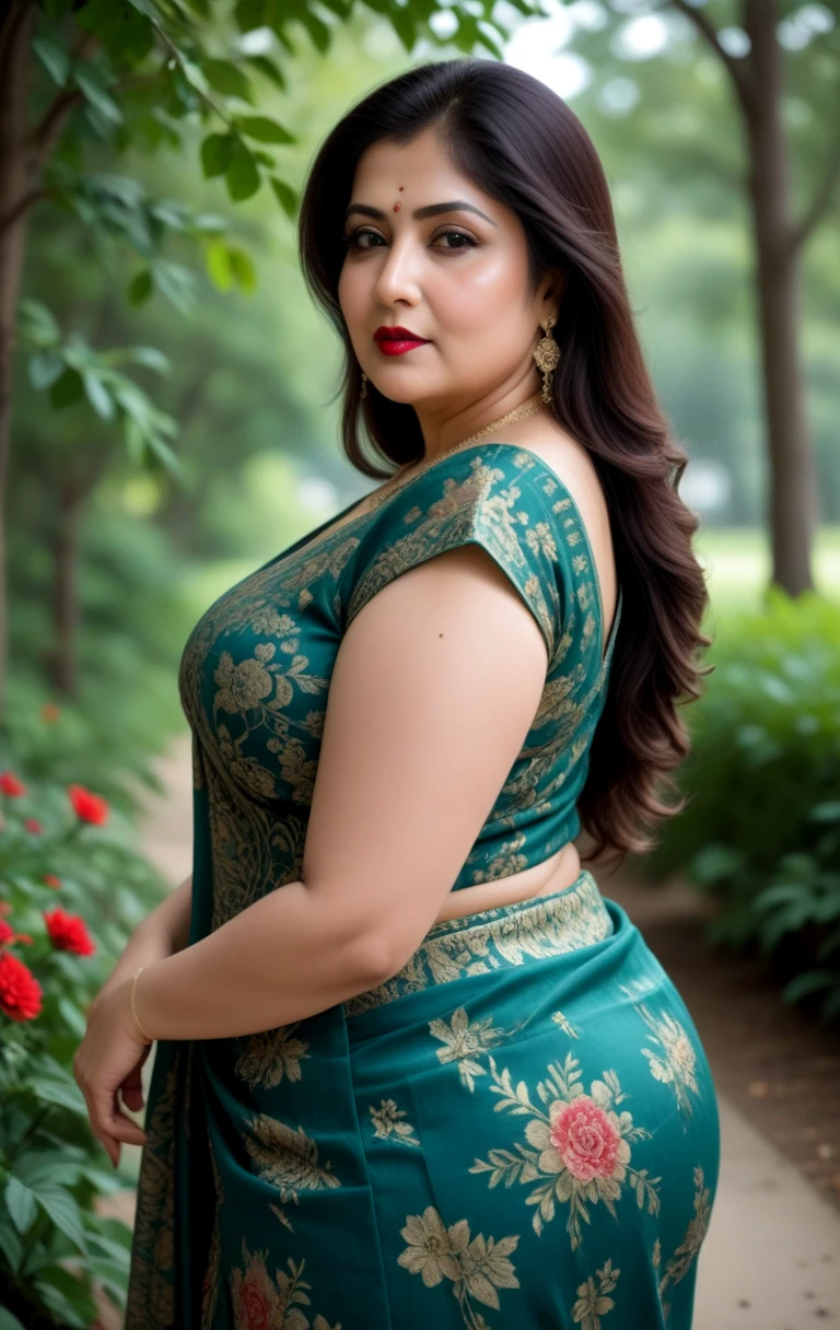 A beautiful (chubby:0.3)  lady with big butt, in green floral red silk  saree with golden edge, blue silk blouse with golden edge, lipstick