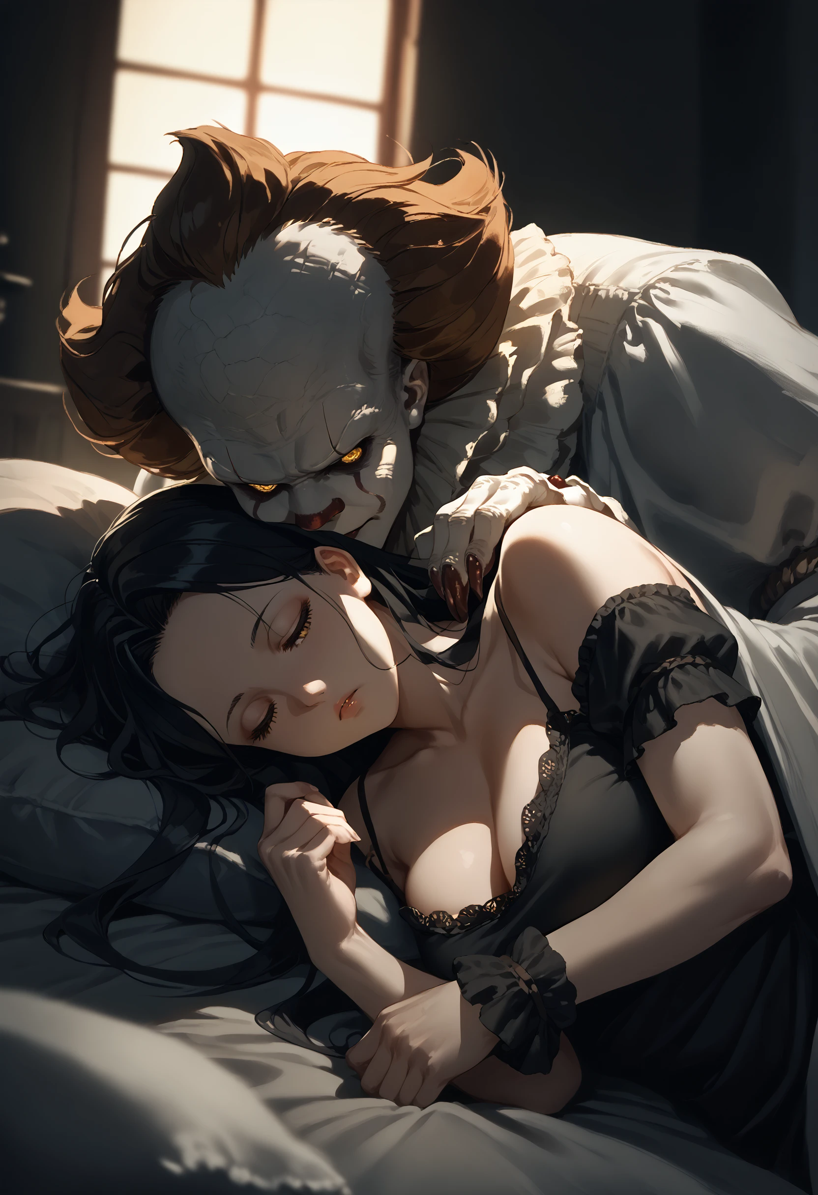 score_9, score_8_up, score_7_up, score_6_up, 1boy, monster, white costume, 
1girl, upper body, lying, on side, long hair, under covers, sleeping, yellow eyes, 
black hair, cleavage, camisole, large breasts, pillow, hand on shoulder,
dark room, dim lighting, 
<lora:pennywise_v0.6-pony:1>
<lora:dark_v1.9-pony:1> 
<lora:pov_across_bed_v0.1-pony:1>