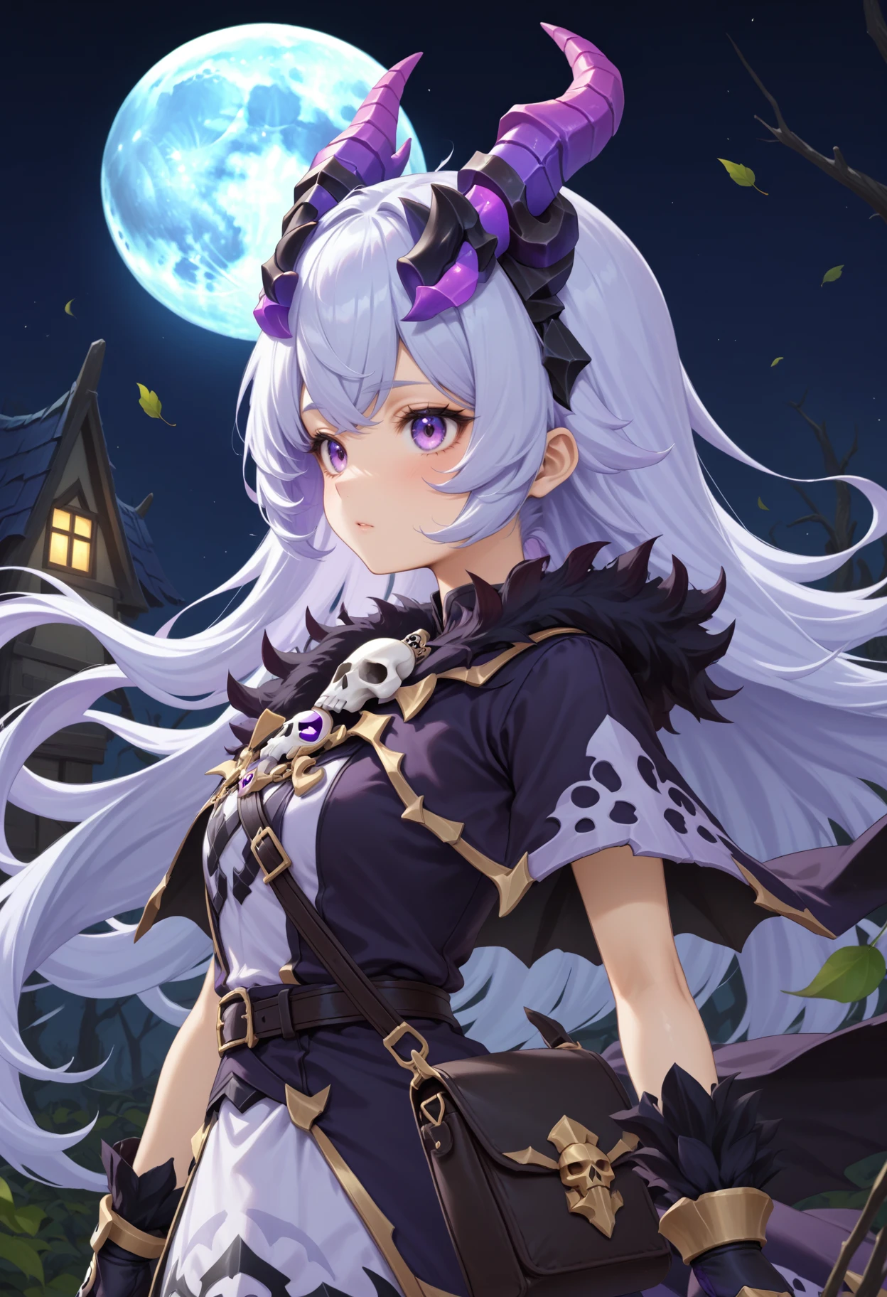 masterpiece, best quality, very aesthetic, absurdres, rom_hela_xl,
1girl, purple hair, horns, purple eyes, skull on chest, purple dress, fingerless gloves, saddlebag, 
upper body, from side, calmly looking at the moon,
moon, haunted house, withered trees, bats,
outdoors, (wind, falling withered leaves, light particles:1.4), light rays, tyndall effect, vivid colors, tranquil and magical atmosphere,
shiny skin, beautiful face, beautiful eyes, extreme detailed, official art, professional illustration, hires,
<lora:rom_hela_xl:1>, <lora:aesthetic_anime_v1s:0.5>, <lora:add_details_xl:0.5>