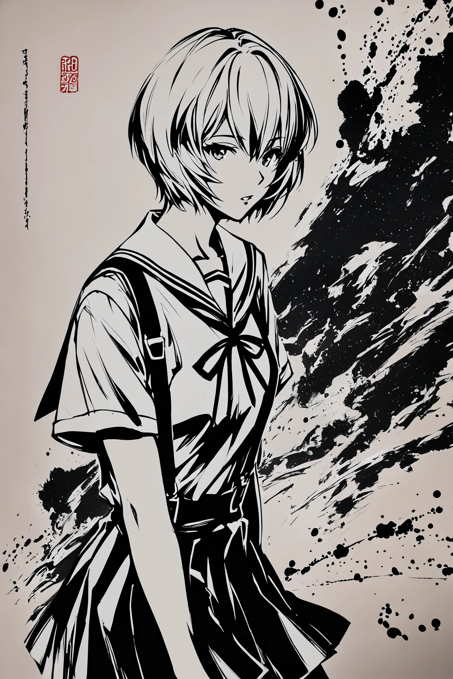 score_9,score_8_up,score_7_up,masterpiece,best quality,
monochrome,greyscale,ink \(medium\),1girl,ayanami rei,solo,short hair,school uniform,tokyo-3 middle school uniform,signature,short sleeves,hair between eyes,suspender skirt,bangs,shirt,cowboy shot,looking to the side,skirt,white shirt,looking at viewer,parted lips,suspenders,artist logo,traditional media,
<lora:okazu_XL_PONY:1>,