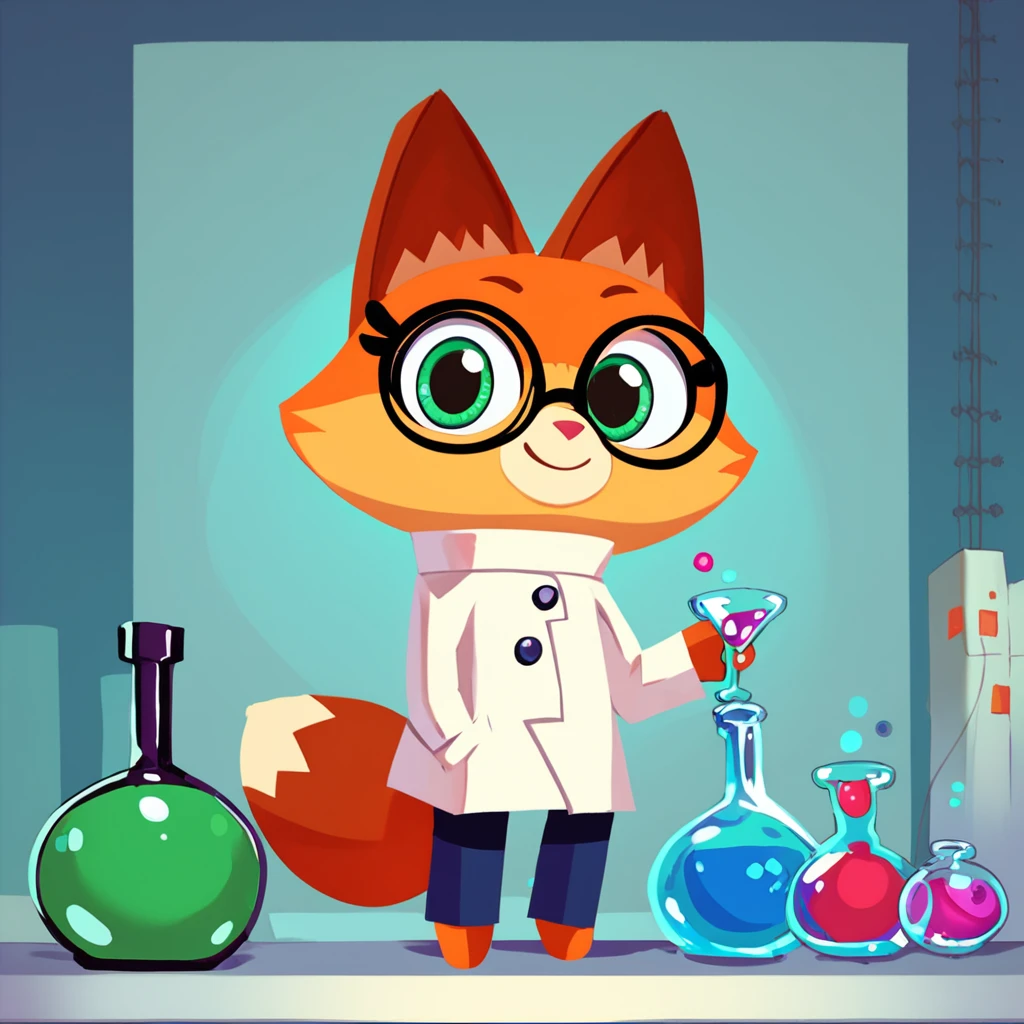 score_9, score_8_up, score_7_up, score_6_up, dr. fox, standing, smiling, looking at viewer, solo, scientist, laboratory background, smiling at viewer, potion, holding beaker, black-rimmed glasses, masterpiece, flat chest