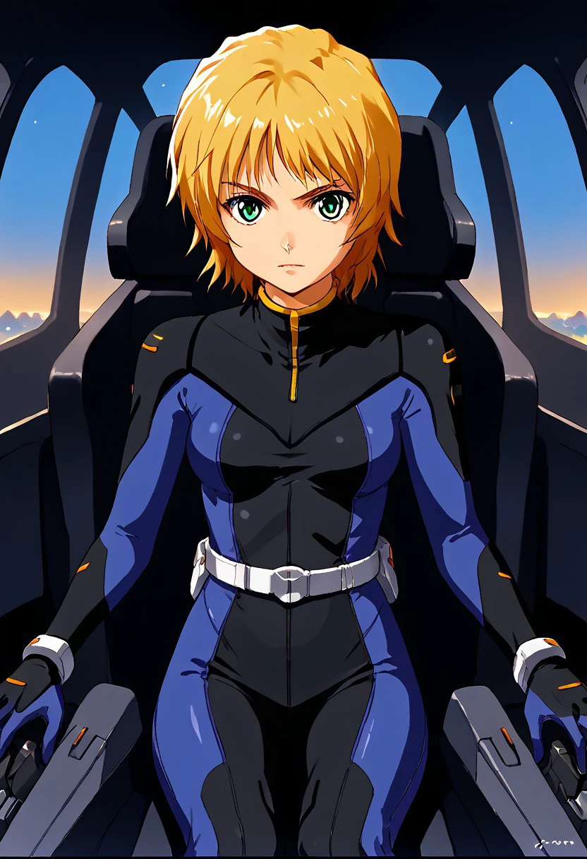 score_9, score_8_up, score_7_up, score_6_up, score_5_up, score_4_up, source_anime, Ellis Claude, blond hair, short hair, body suit, green eyes, M3chP1t, sitting, cockpit, window,