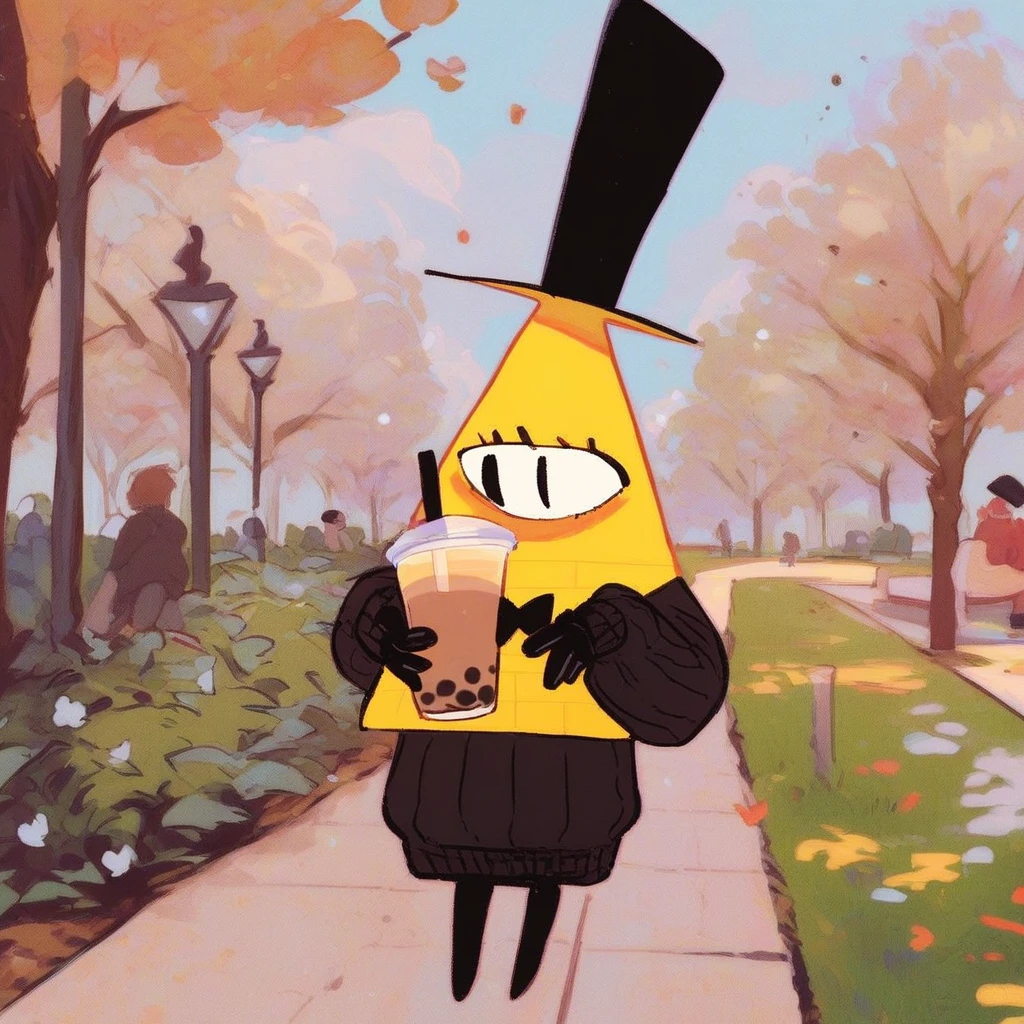 score_9_up, score_8_up, score_7_up, mikus-sona, yellow triangle, black eyes, bow tie, black hands, black legs, black hat, park, holding, bubble tea, black sweater