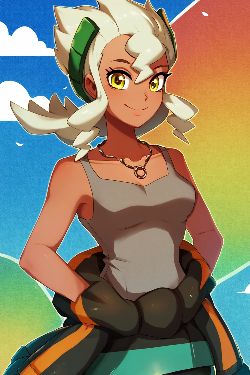 score_9, score_8_up, score_8, medium breasts, (curvy), cute, eyelashes,       ,,, , ,,, zzBurnet, yellow eyes, hair between eyes, hair ornament, long hair, white hair, dark skin, jewelry, necklace, tank top, collarbone, clothes around waist, <lora:Burnet_Pokemon_PDXL:1.0> ,,,, BREAK, smile, looking at viewer, cowboy shot, ,,, embedding:zPDXL, <lora:theButcherXPDXL:0.8>,