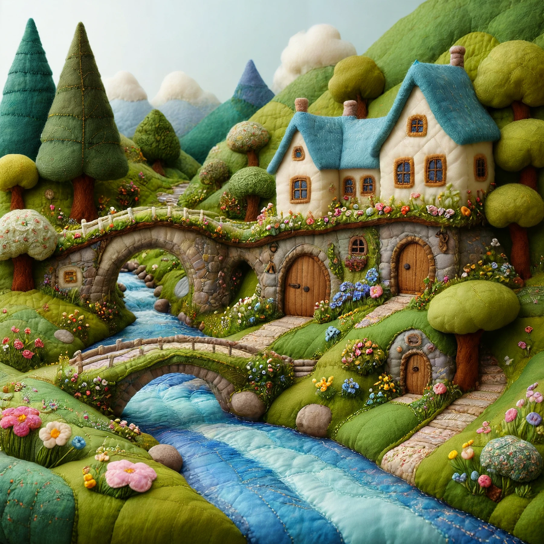 A comfy quilted town. A gentle stream winds beneath a bridge.

<lora:SoftWorld01a_CE_SDXL_64x32x180x2bOT:0.8> sftwrldCE style