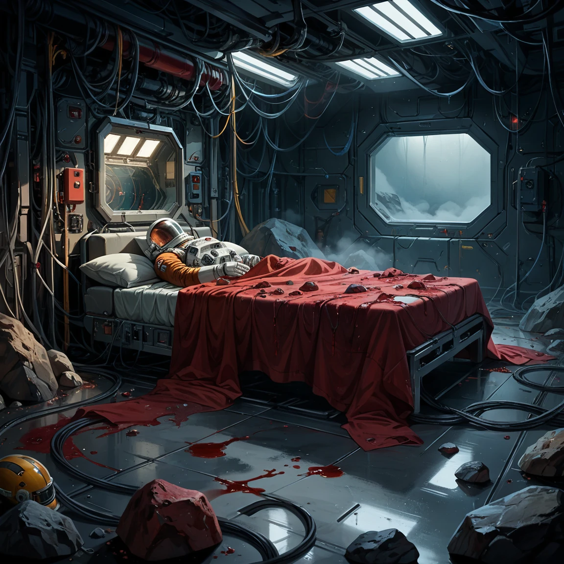 score_9, score_8_up, score_7_up, score_6_up, sci-fi, future, indoors, lying astronaut, cables, steel rack, bare metal, blood everywhere, m00n, rock, fog, gray colors, blue and red colors, night, cinematic lighting, aesthetic