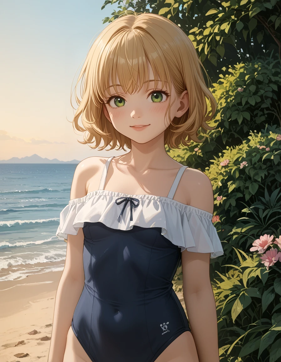 2 girl,s old,Girl,,Flat Chest,Tiny Bikini,Highest quality、High resolution、Detailed Background、Beautiful face in every detail、Teenage Beauty、Blonde、Bobcut、Big smile、boost mood、 Summer sun、Shining Sea,Hands behind back