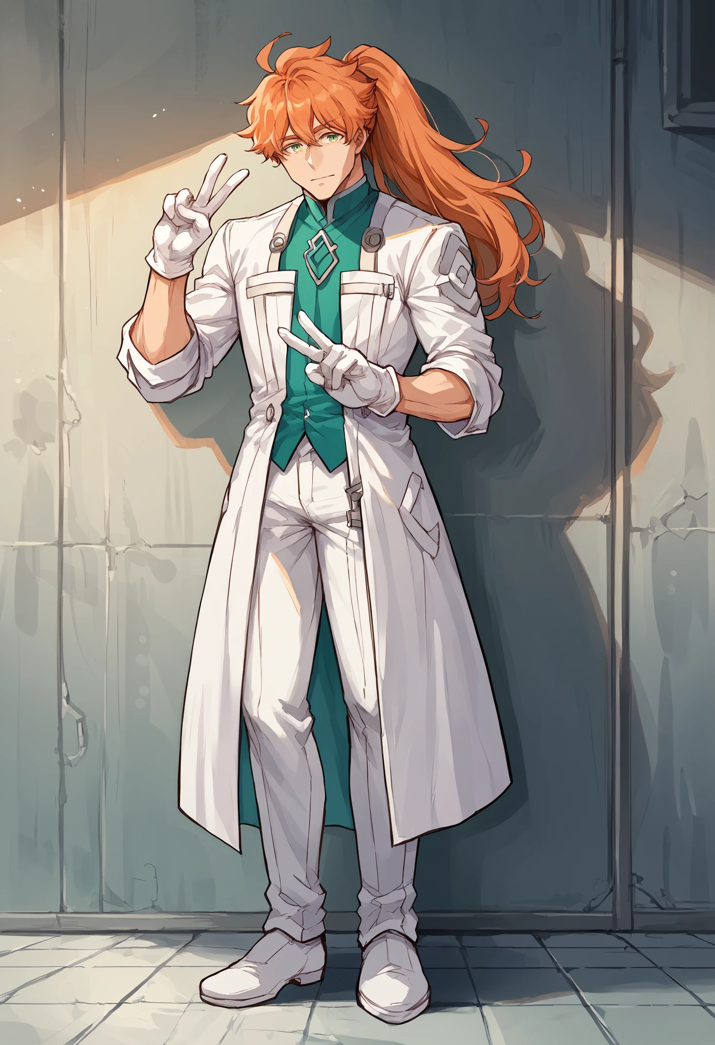 score_9, score_8_up,score_7_up, source_anime, 1boy, solo, outfitlbc. male focus, green eyes, long hair, orange hair, ponytail, 
white gloves, labcoat,  chaldea uniform, whitepants,
<lora:rmnhks_pdxl_EliPot:1>  standing, leaning to the side, wide_shot, full body, ;P, head tilt, looking at viewer, v sign, victory sign, peace sign