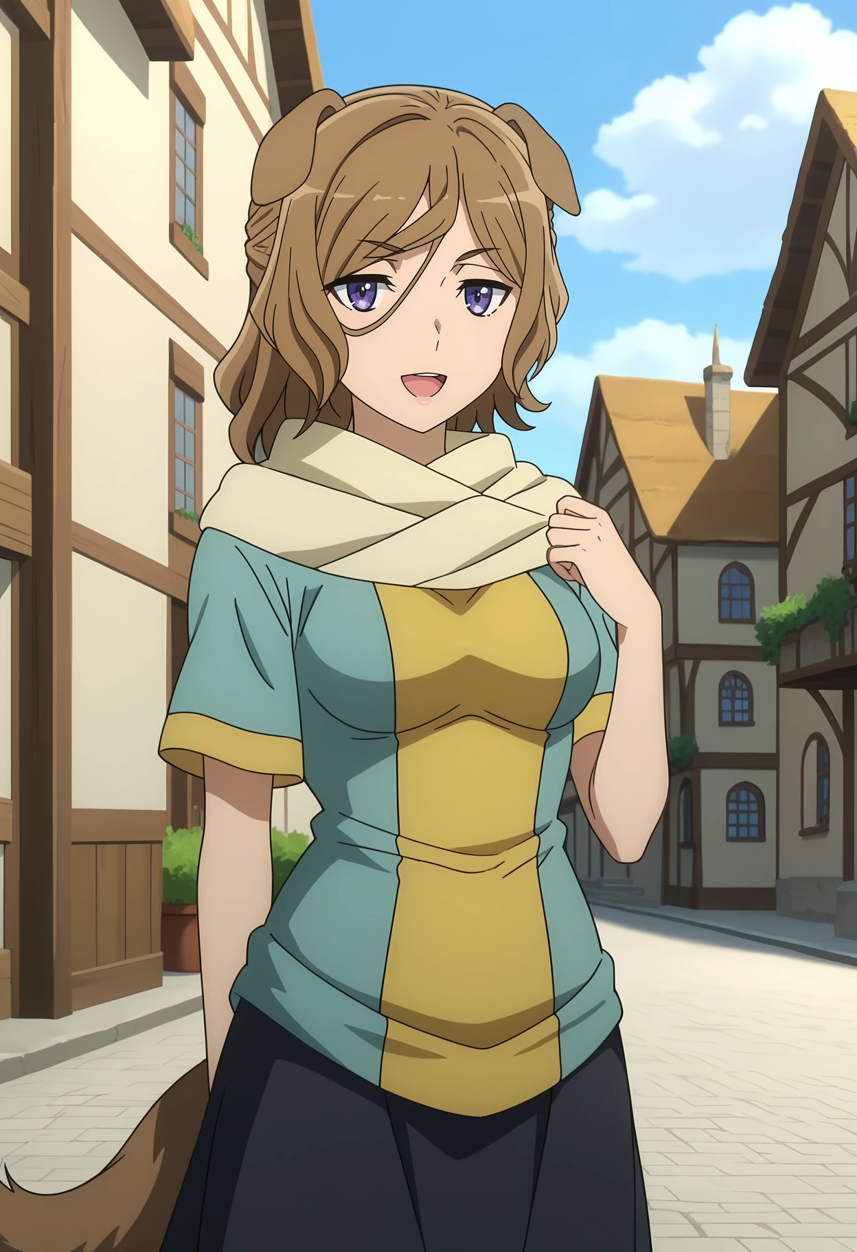 score_7_up, anime screencap,
<lora:DanMachi_NazaErsuisuXL:0.9>,
1girl, solo, open mouth, light smile,
medium hair, brown hair, hair between eyes, purple eyes, dog ears, dog tail,
NazaErsuisu, yellow scarf, multicolored shirt, blue shirt, yellow shirt, short sleeves, black skirt, long skirt,
standing, looking at viewer,
cityscape, outdoors, fantasy, medieval