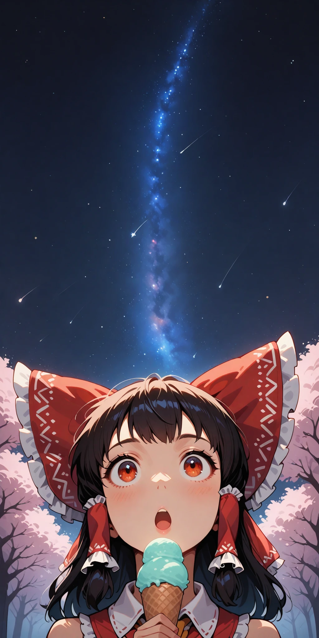 1girl, solo, hakurei_reimu, holding ice cream cone, :o; facing viewer, looking up, starry sky, night sky, milky way, shooting stars, cherry blossoms, upper body, straight-on, masterpiece, best quality, very aesthetic, absurdres