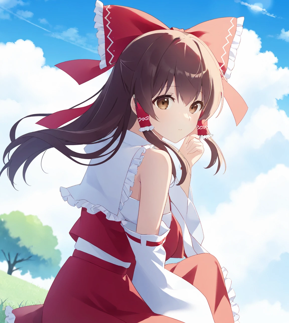 1girl,solo,hakurei reimu,sitting,brown eyes,ribbon-trimmed detached wide sleeves,bangs,sky,blue sky,bare shoulders,grass,wagashi,cloud,light,big hair frilled bow,frilled hair tubes,shawl tops,red skirt,<lora:Hakurei reimu-SDXL-lora-2024.10.25-version1:0.5>