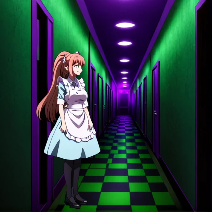 <lora:Chisa_Yukizome_SDXL:1>,  This is an anime screencap from Danganronpa 3. Chisa Yukizome wearing her uniform from Danganronpa 3 Despair arc. Chisa Yukizome has green eyes and orangish brown hair in a ponytail with a pink scrunchie. Chisa wears a white ruffled apron over a matching set of light blue suit and skirt, button-down white dress shirt, long black pantyhose, and black mid-heel shoes. A hallway in Hope's Peak. The hallway is lit by green lights that are casting shadows on the walls. The walls are a dark green and purple. The floor is a checkered pattern of green and black. There is a large purple door on the right wall of the hallway, which is decorated with bolts and screws. , masterpiece, best quality, highres, 4k, 8k, intricate detail, cinematic lighting, amazing quality, amazing shading, soft lighting, Detailed Illustration, anime style, wallpaper