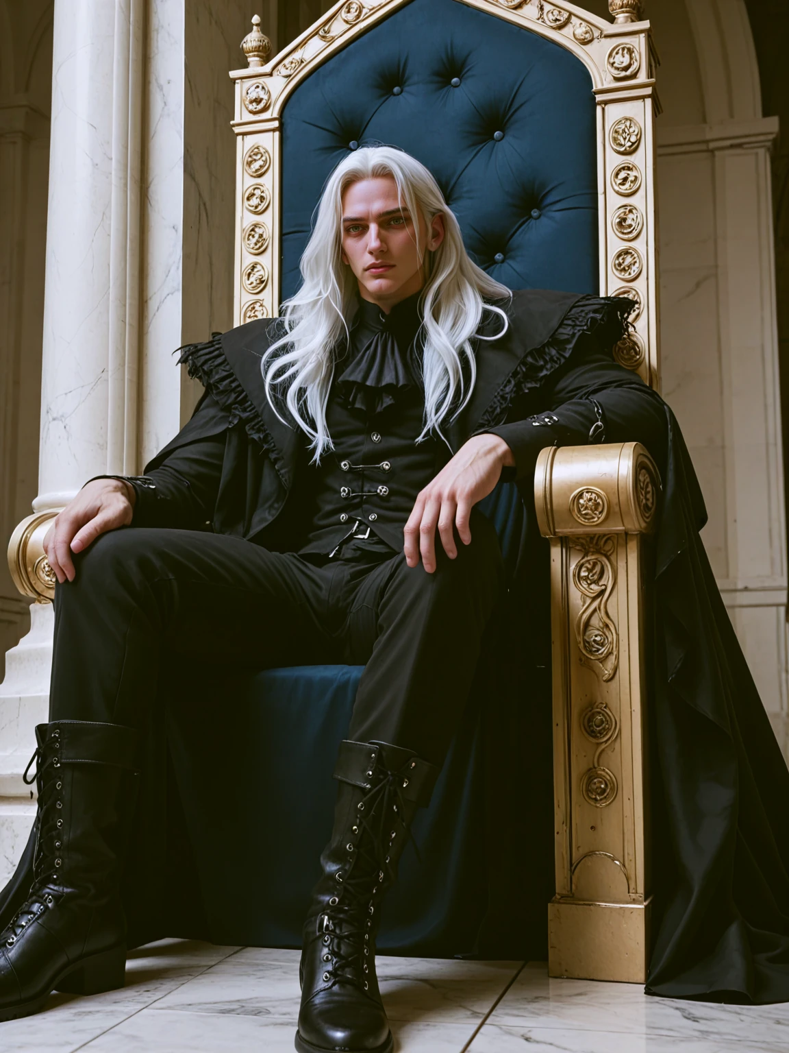 score_9, score_8_up, score_7_up, (adult:1.2), solo, masterpiece, gothic palace, vampire man sitting with legs crossed, throne, pale skin, long white hair, long hair, frilly shirt, hussar jacket, black pants, black riding boots