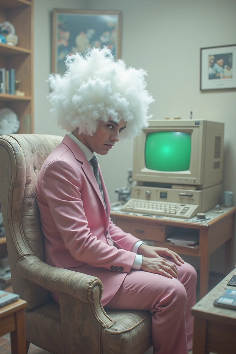 cg,A surreal photograph of a man with his head covered in large, fluffy cotton clouds, sitting in an armchair facing the camera and using an old computer from the early 20th century. The computer has a green screen monitor. He is wearing a pink suit, and the overall scene has a soft, pastel color palette with a retrofuturistic, 1970s vibe.