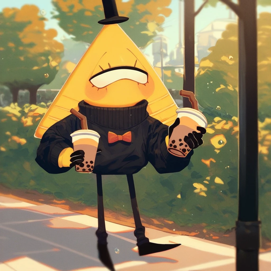 score_9_up, score_8_up, score_7_up, mikus-sona, yellow triangle, black eyes, bow tie, black hands, black legs, black hat, park, holding, bubble tea, black sweater